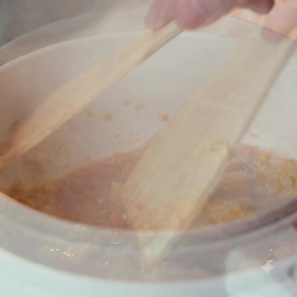 Posiekane kimchi mieszane z zawartością garnka za pomocą drewnianych łopatek.