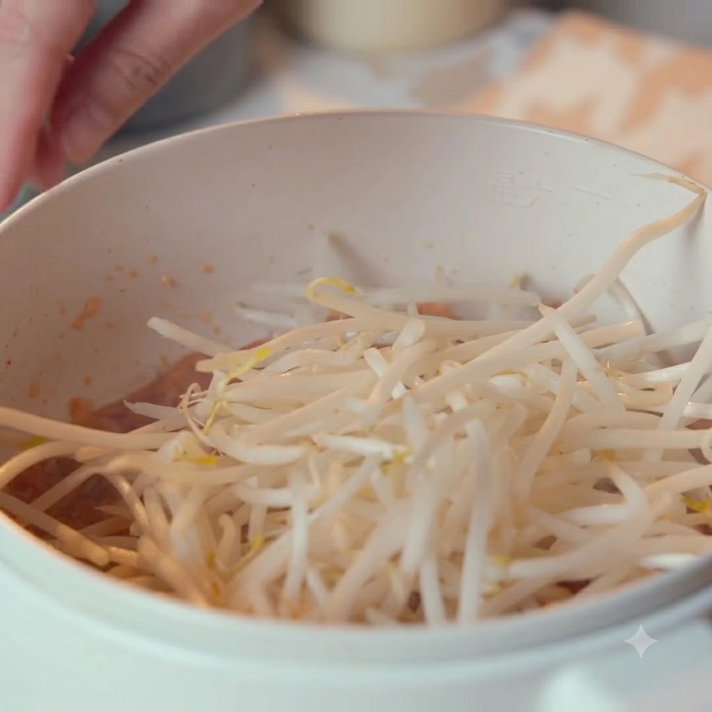Garść świeżych kiełków fasoli układanych na kimchi w garnku.