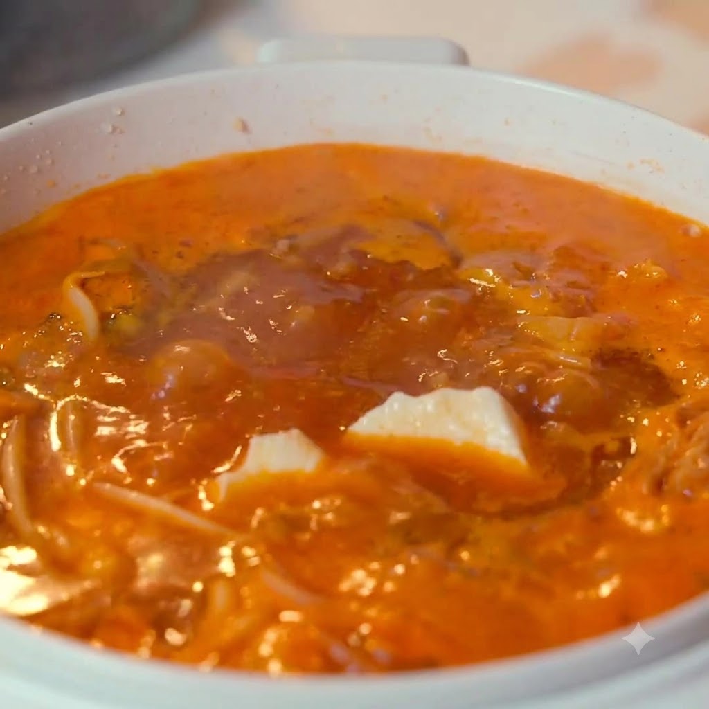 Kawałki miękkiego tofu pływające w simmeringowej pomarańczowej zupie.
