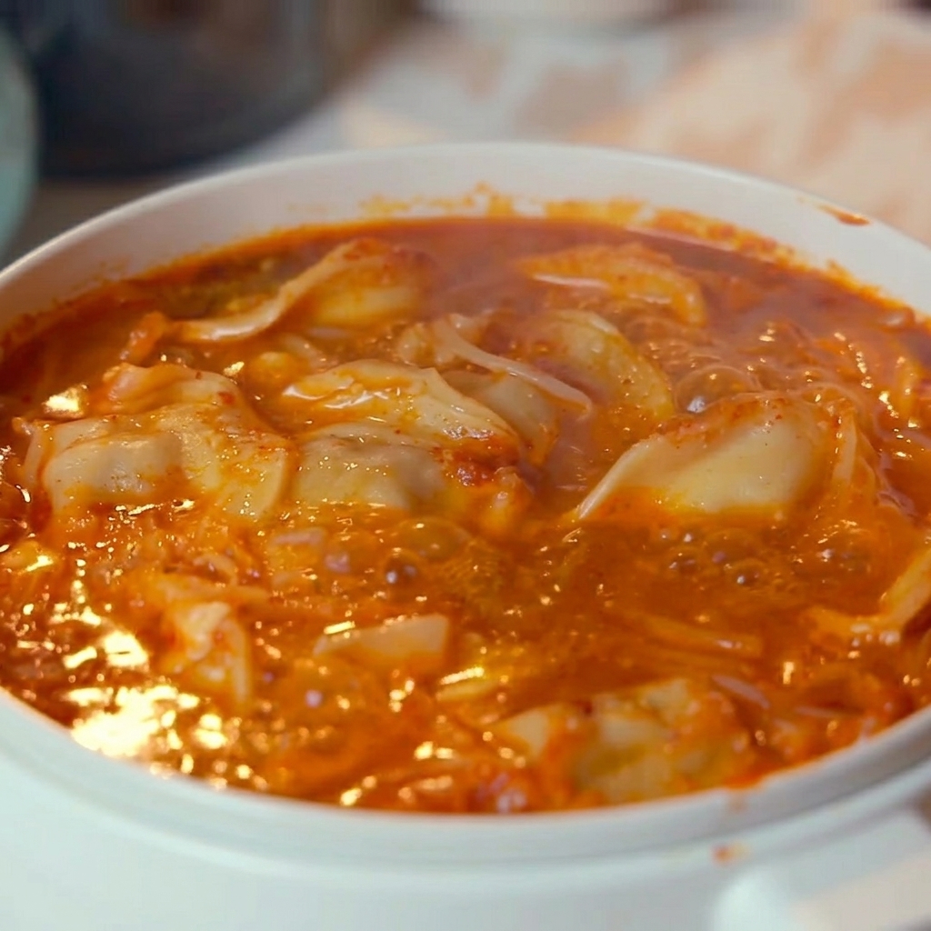 Bulgoczący garnek pikantnej zupy kimchi z pierożkami, dekorowany ziarnami białego sezamu i posiekaną zieloną cebulką.