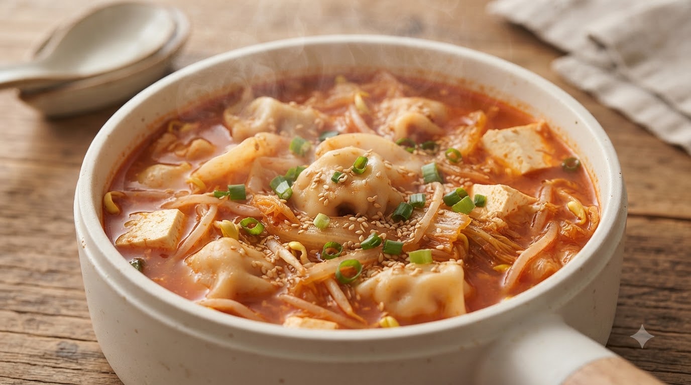 Pikantna koreańska zupa kimchi z pierożkami (Mandu-guk)