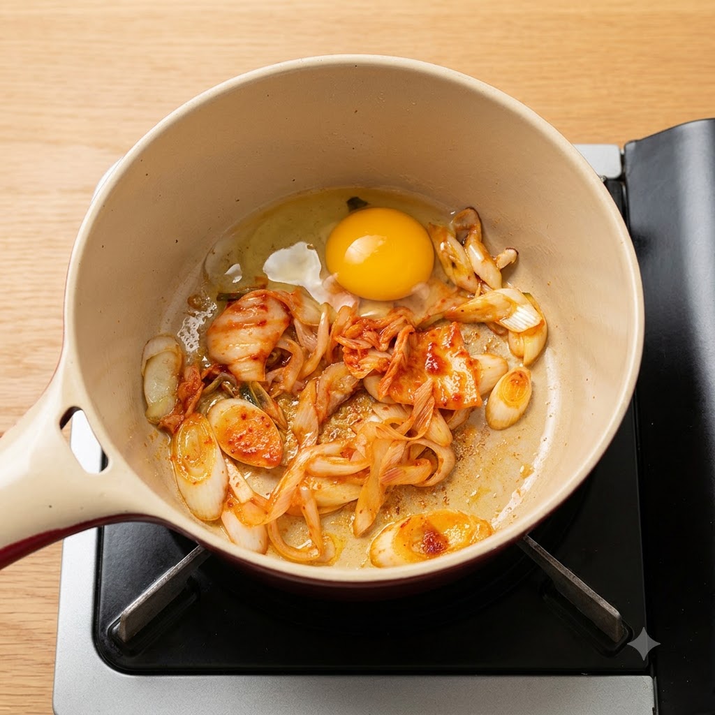 Dwa całe rozbite jajka leżące w garnku pośród podsmażonego kimchi i szczypiorku.