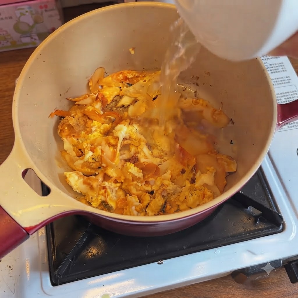 Gorąca woda wlewana z białego pojemnika do garnka zawierającego ugotowane kimchi i jajka.