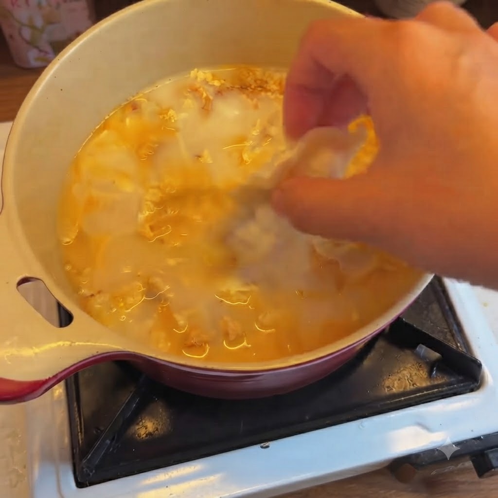 Ręka wrzucająca pierożek z kimchi do garnka z gotującą się, mleczną, pomarańczową bazą zupy.