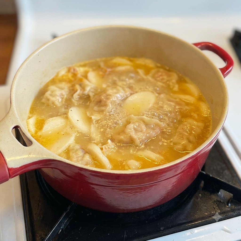 Pokrojone kluski ryżowe i pierożki z kimchi gotujące się razem w bogatej, pomarańczowej bazie zupy w czerwonym garnku.