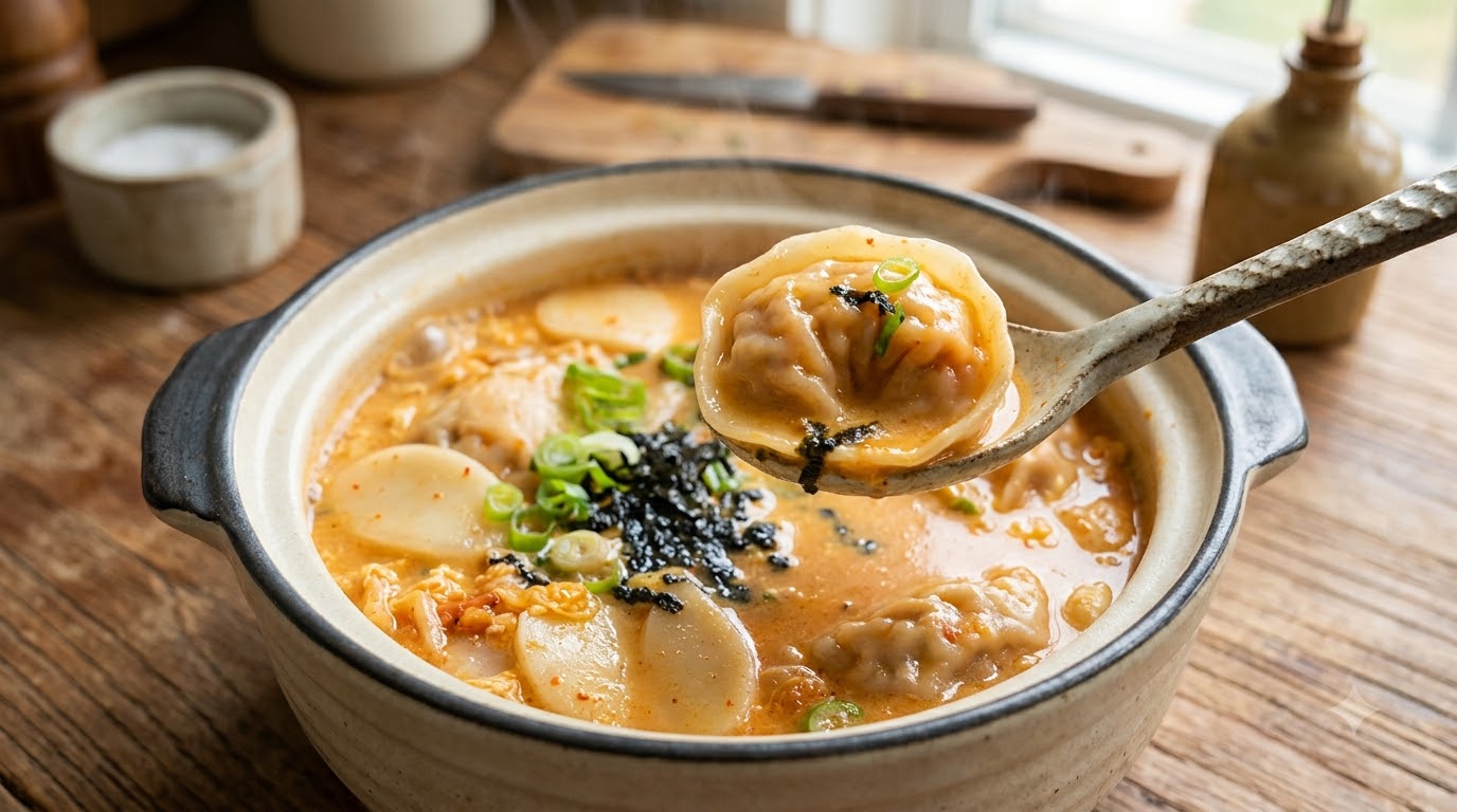 Kremowa zupa z kimchi, pierogami i kluskami ryżowymi