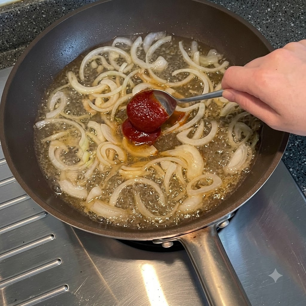 Łyżka koreańskiej pasty chili dodawana do patelni z wrzącą wodą i pokrojoną cebulą.