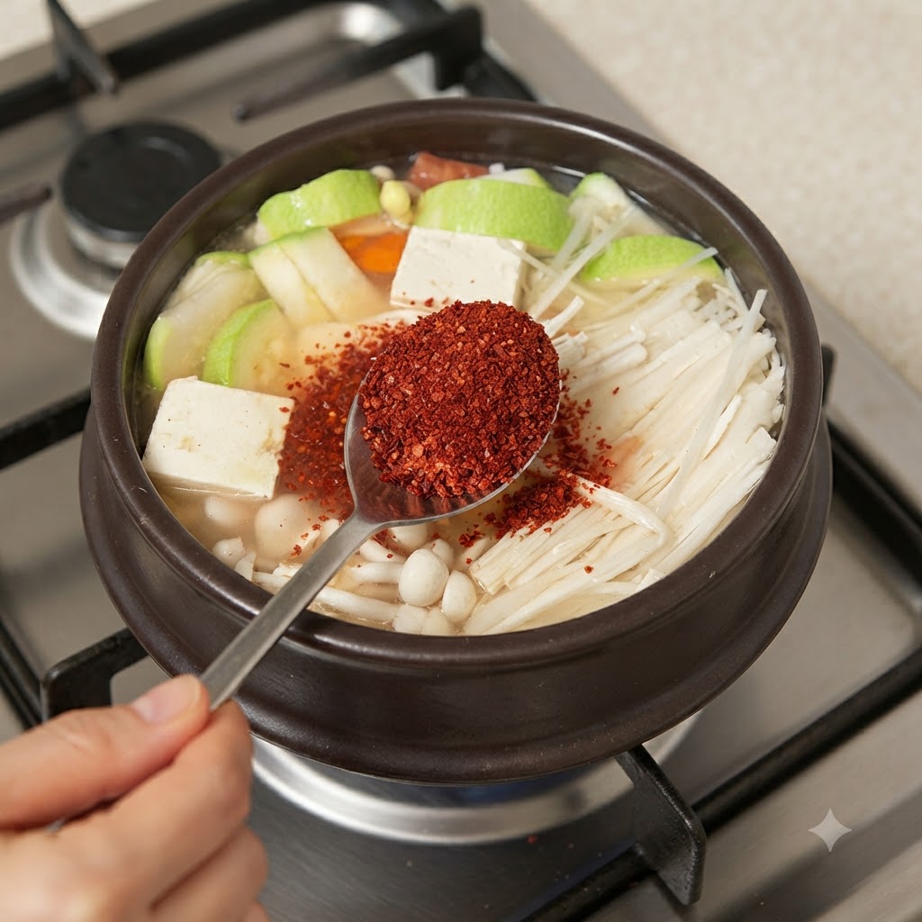 Łyżka wypełniona żywym czerwonym proszkiem chili dodawana do bulgoczącego garnka z gulaszem.