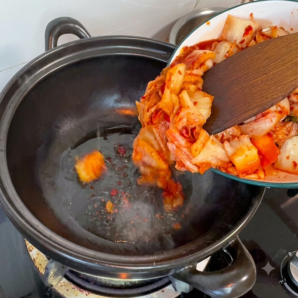 Pokrojone kawałki kimchi zgarniane z talerza do gorącego, ciemnego garnka za pomocą drewnianej łopatki.