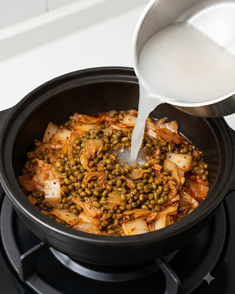 Mętna biała woda po płukaniu ryżu wlewana ze stalowego garnka do ciemnego garnka zawierającego kimchi i sfermentowaną soję.