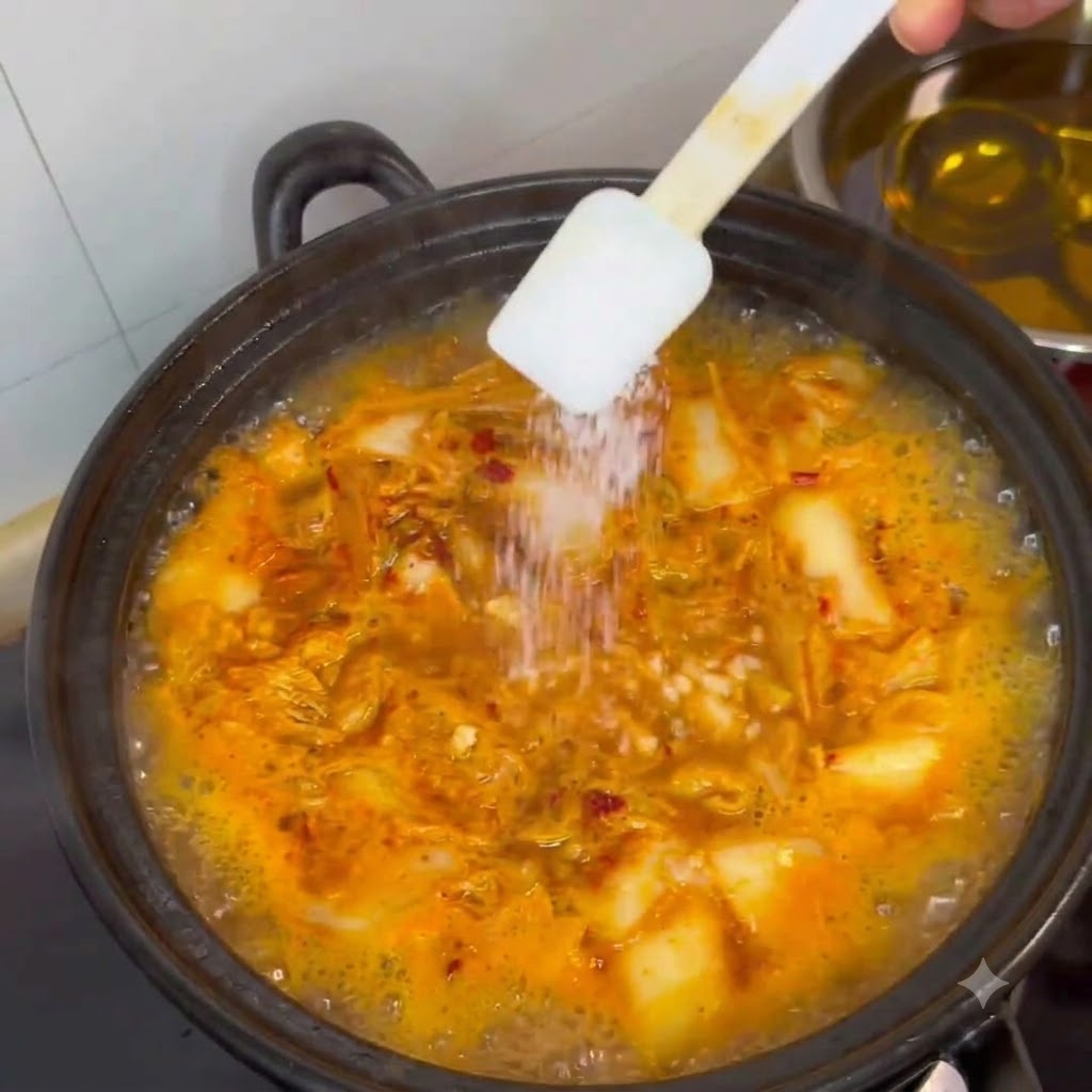 Kawałki tofu dodawane z białego talerza do gotującego się garnka z gulaszem.