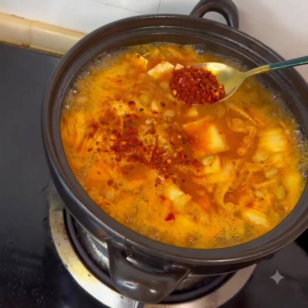 Chili w proszku dodawane do garnka z zupą za pomocą małej łyżeczki.