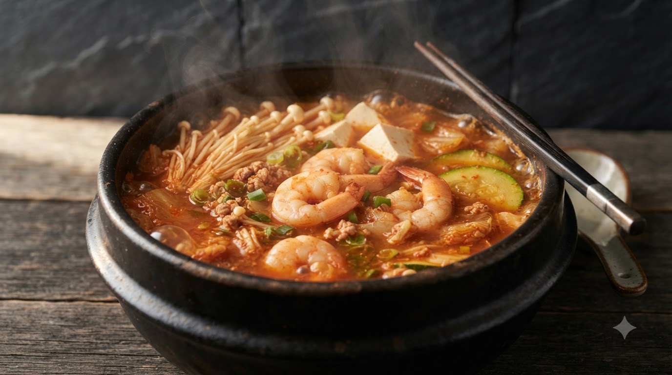 Bulgoczący garnek koreańskiej zupy kimchi z pastą sojową wypełniony krewetkami jumbo, tofu, grzybami enoki i warzywami