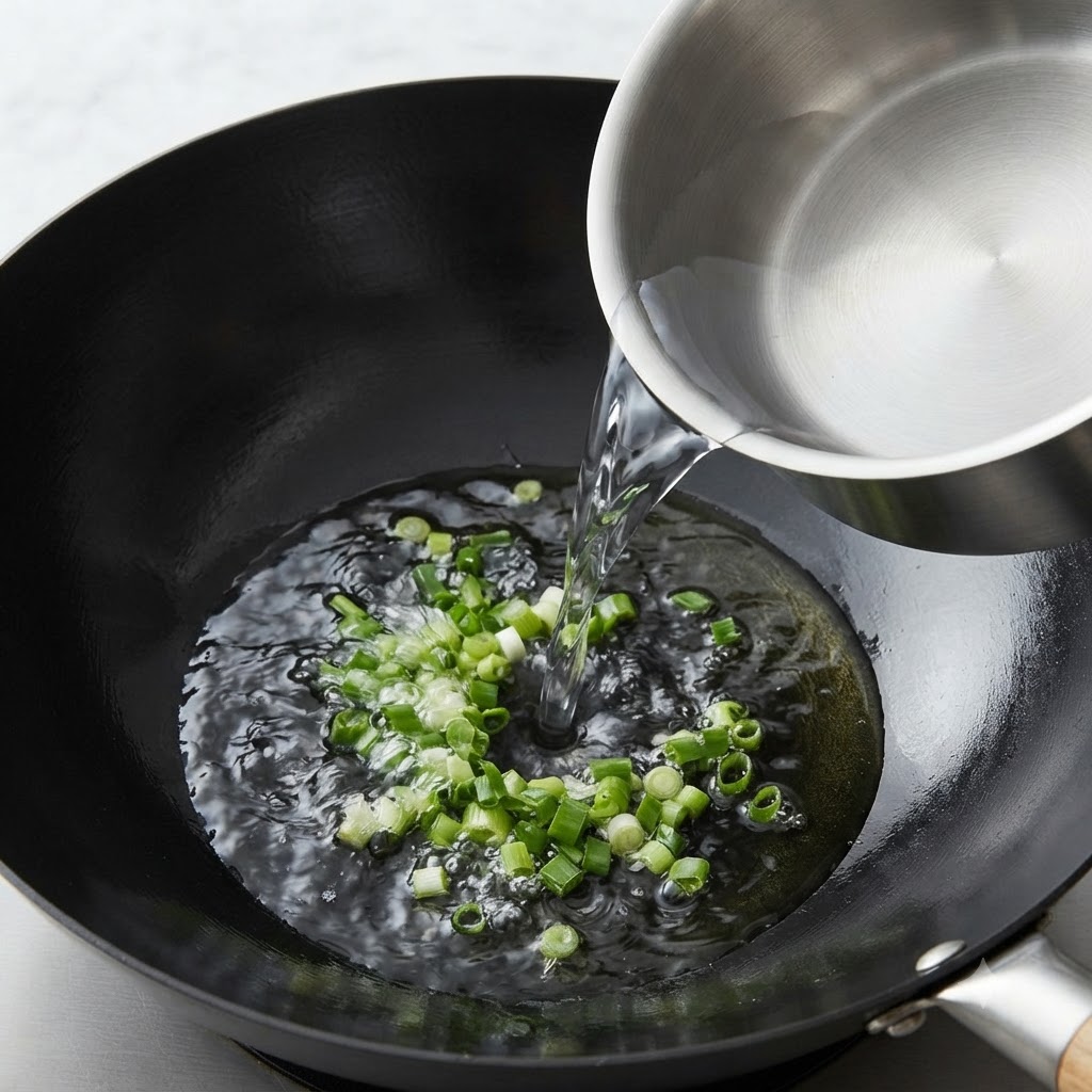 Clear water being poured from a metal container into a black wok with green scallions.