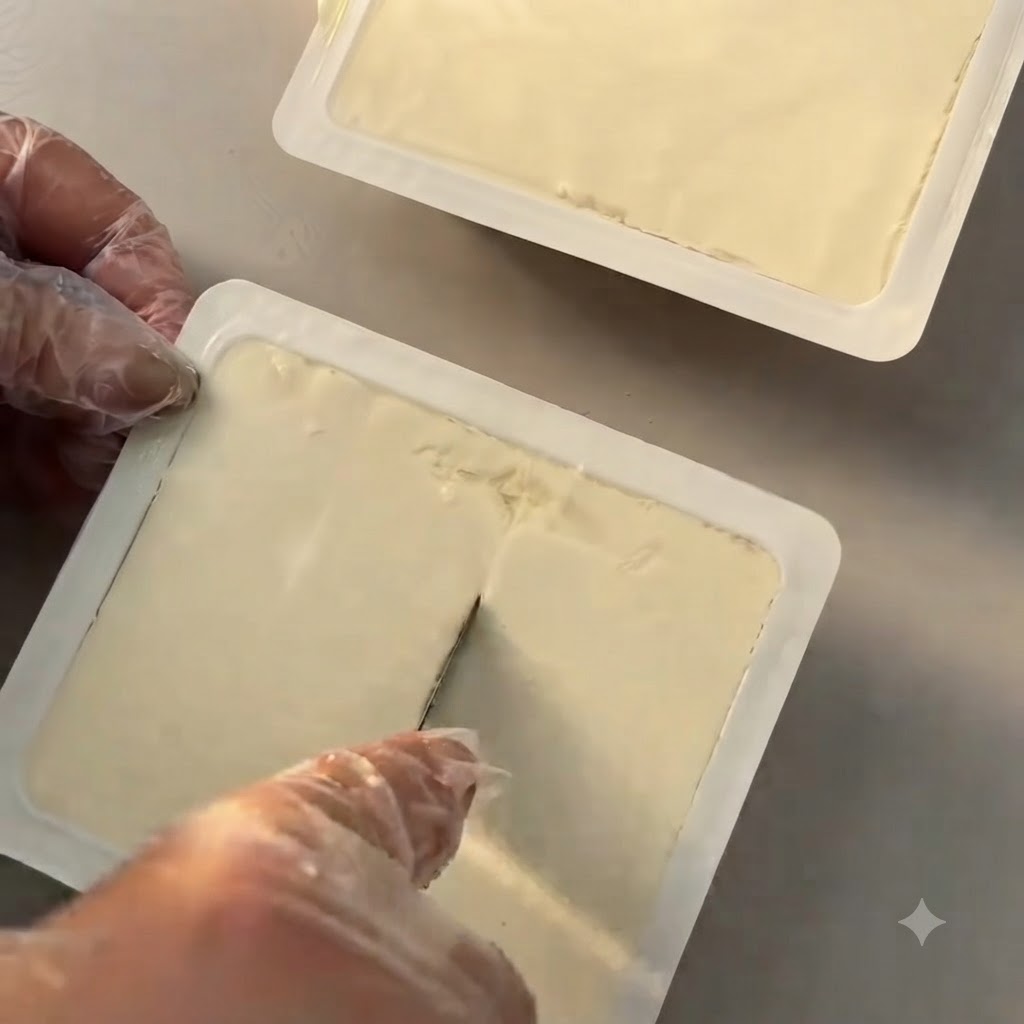 Jedwabiste tofu w plastikowym opakowaniu krojone nożem na małe kwadraty.