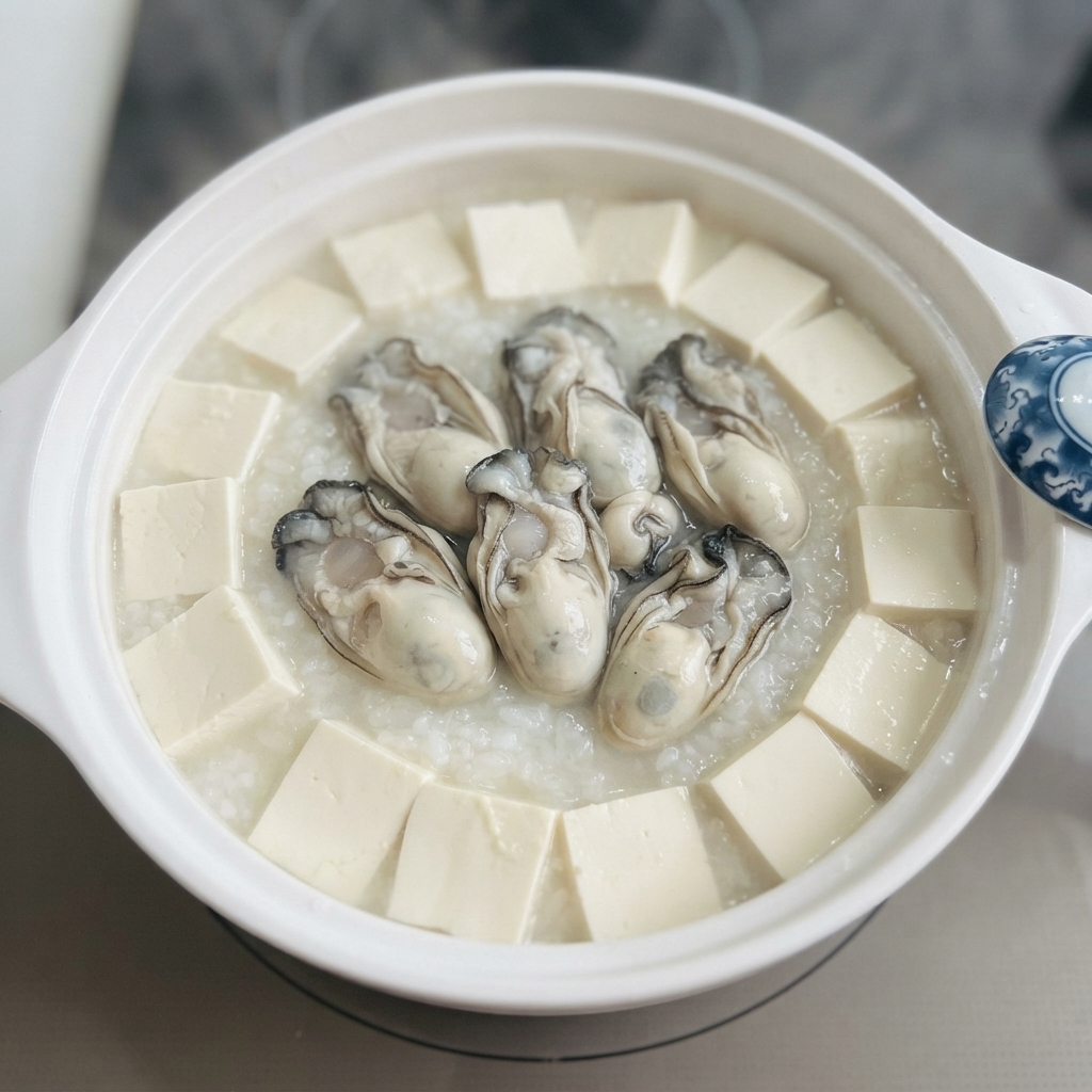 Ostrygi i tofu gotujące się razem w białym ceramicznym garnku.