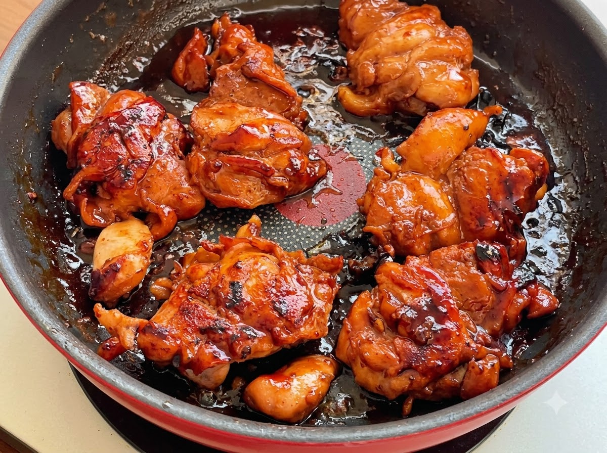 Uda z kurczaka duszce się w gęstej, ciemnej glazurze teriyaki na patelni.