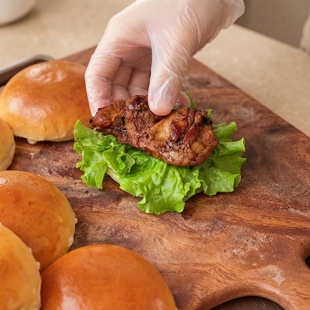 Ręka w rękawiczce umieszczająca posmarowany glazurą kawałek kurczaka teriyaki na liściu świeżej zielonej sałaty na spodzie bułki.