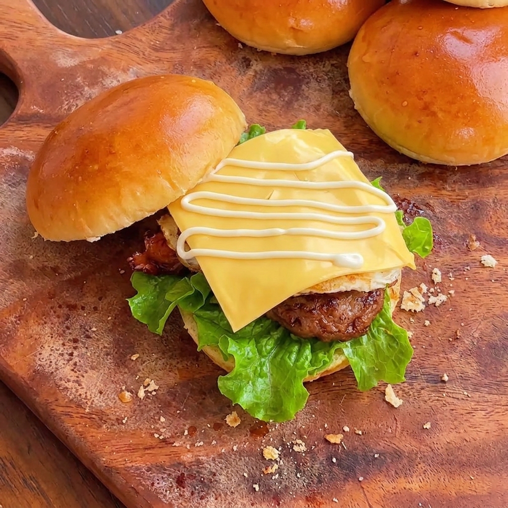 Świeżo złożony burger z kurczakiem teriyaki z sałatą, kotletem z kurczaka, jajkiem sadzonym, plastrem topionego sera i liniami majonezu na górze.