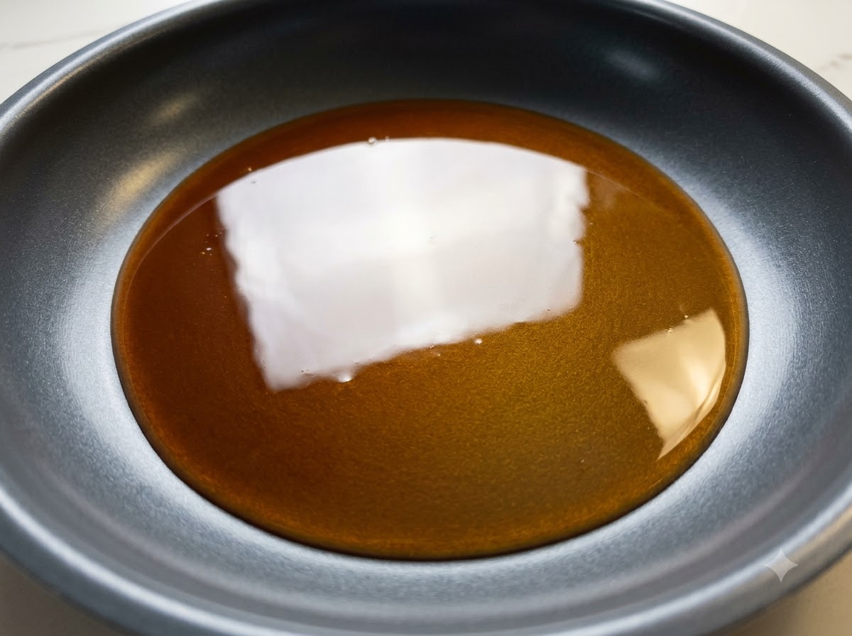 Ciemny sos teriyaki bulgoczący i redukujący się na patelni na średnim ogniu.