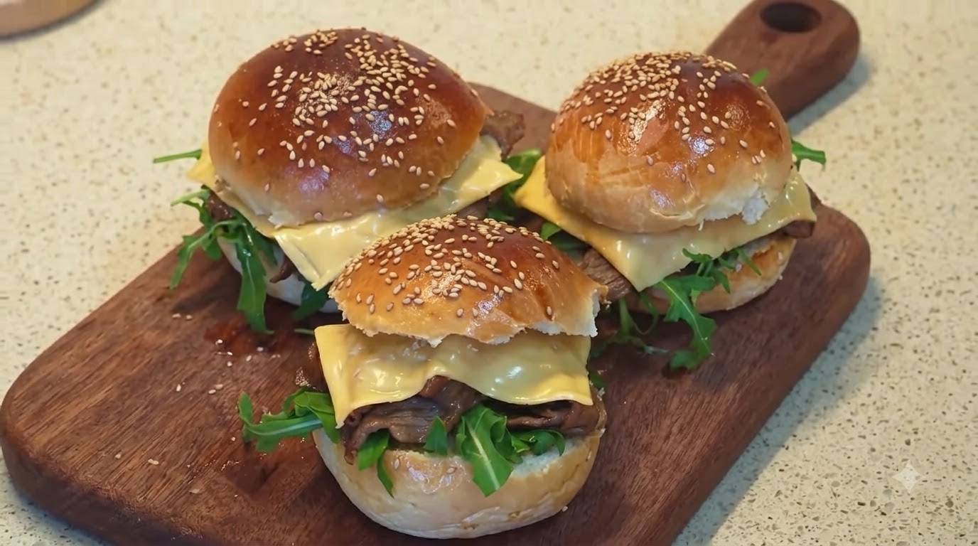 Domowe burgery z wołowiną teriyaki, cheddarem i rukolą