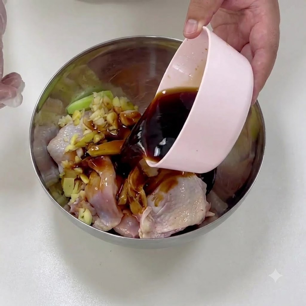 Ciemna mieszanka sosu teriyaki wlewana z miski do miski z kurczakiem.
