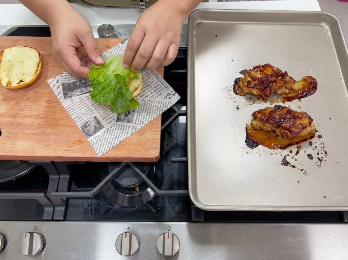 Sos teriyaki smarowany pędzlem na obsmażonych udkach z kurczaka ułożonych na blasze do pieczenia.