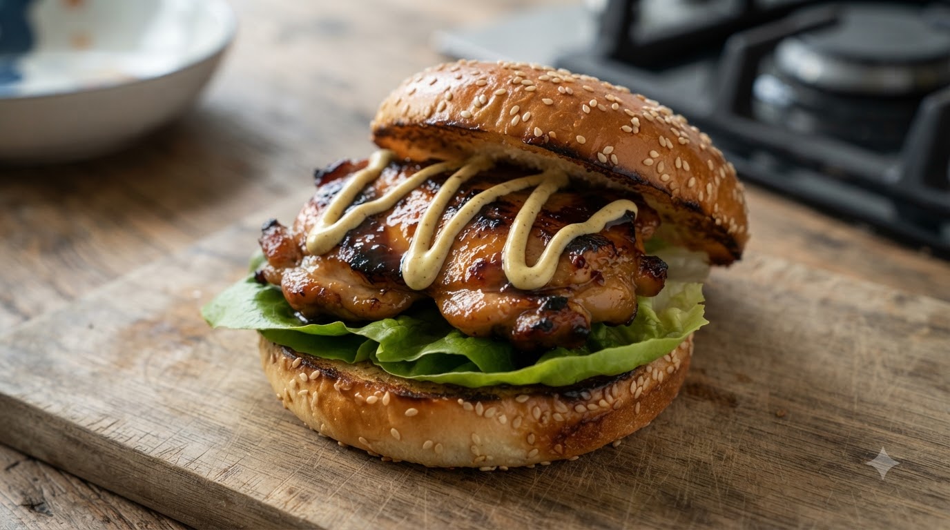 Świeżo złożony burger z udek z kurczaka teriyaki z tostowanymi bułkami z sezamem, chrupiącą sałatą, glazurowanym kurczakiem i sosem musztardowym.