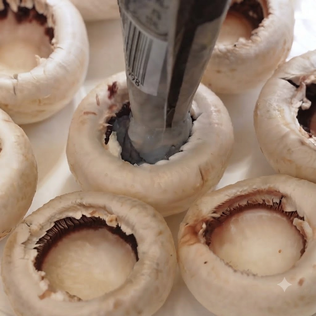 Szara pasta z krewetek wyciskana z woreczka do środka białego kapelusza grzyba.