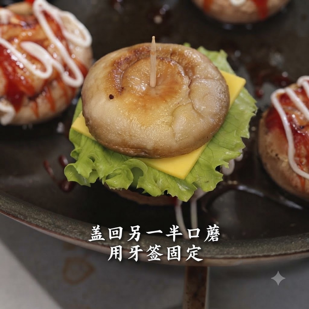 Złożony mini burger z faszerowanego grzyba przekłuty pionowo wykałaczką w środku.