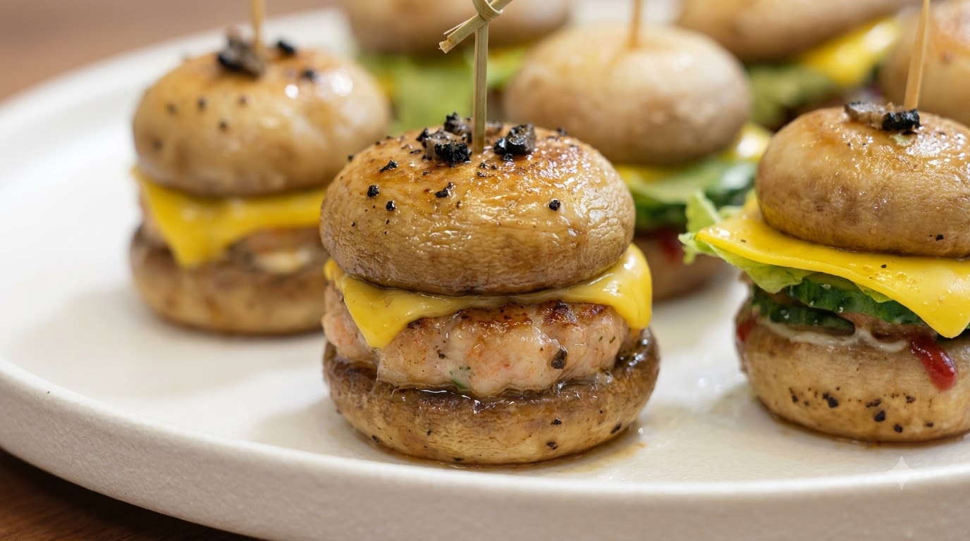 Mini burgery z grzybów i krewetek z sosem z czarnych trufli