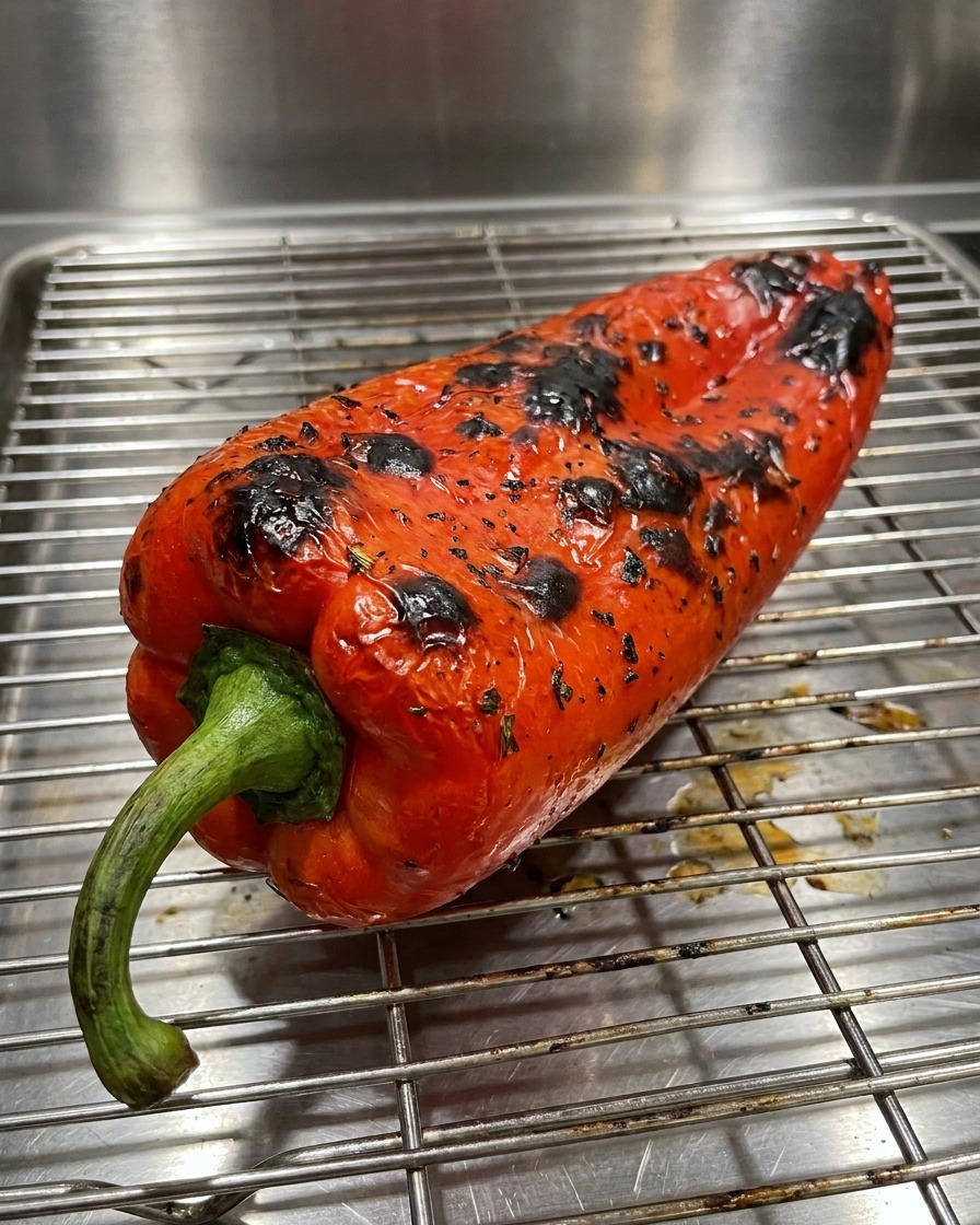 Kawałki czerwonego chili wewnątrz pojemnika blendera.