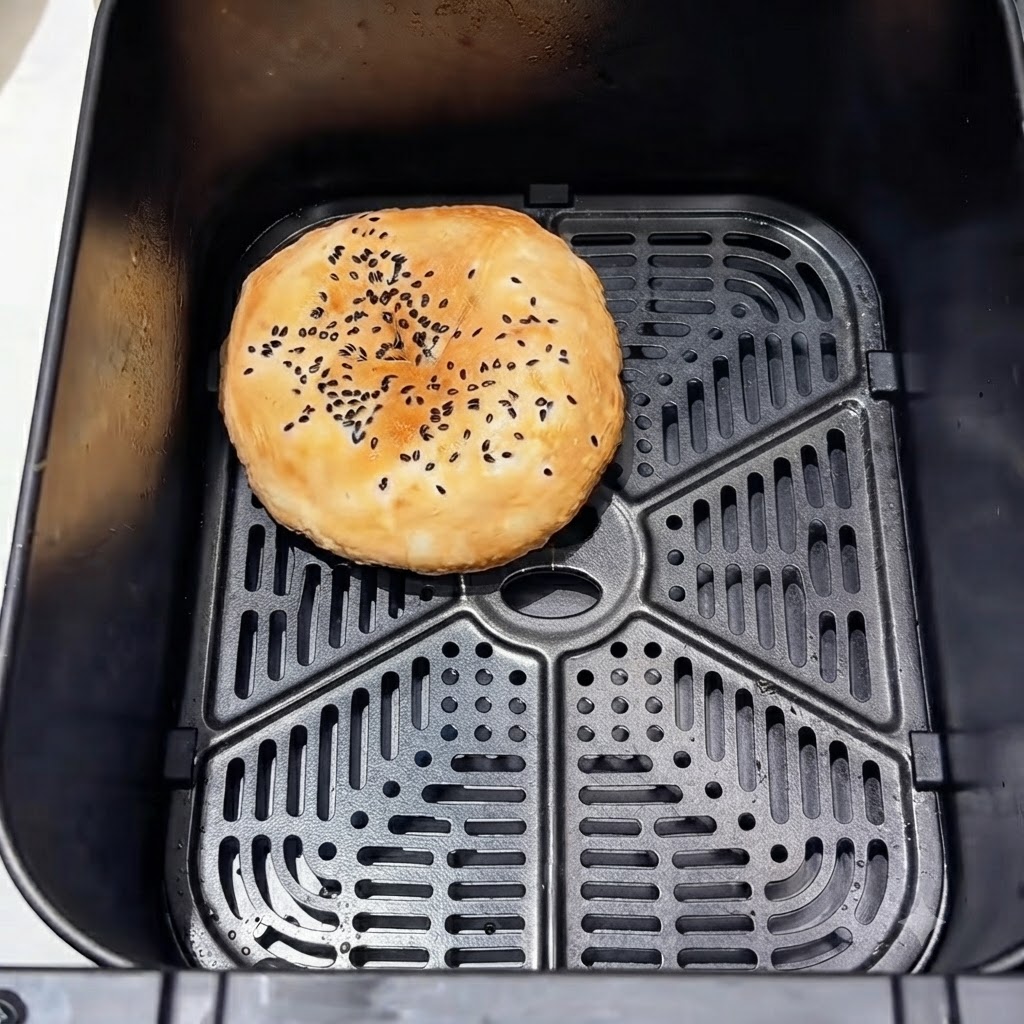 Pojedyncza bułka burgerowa spoczywająca w ciemnym koszu frytkownicy powietrznej.