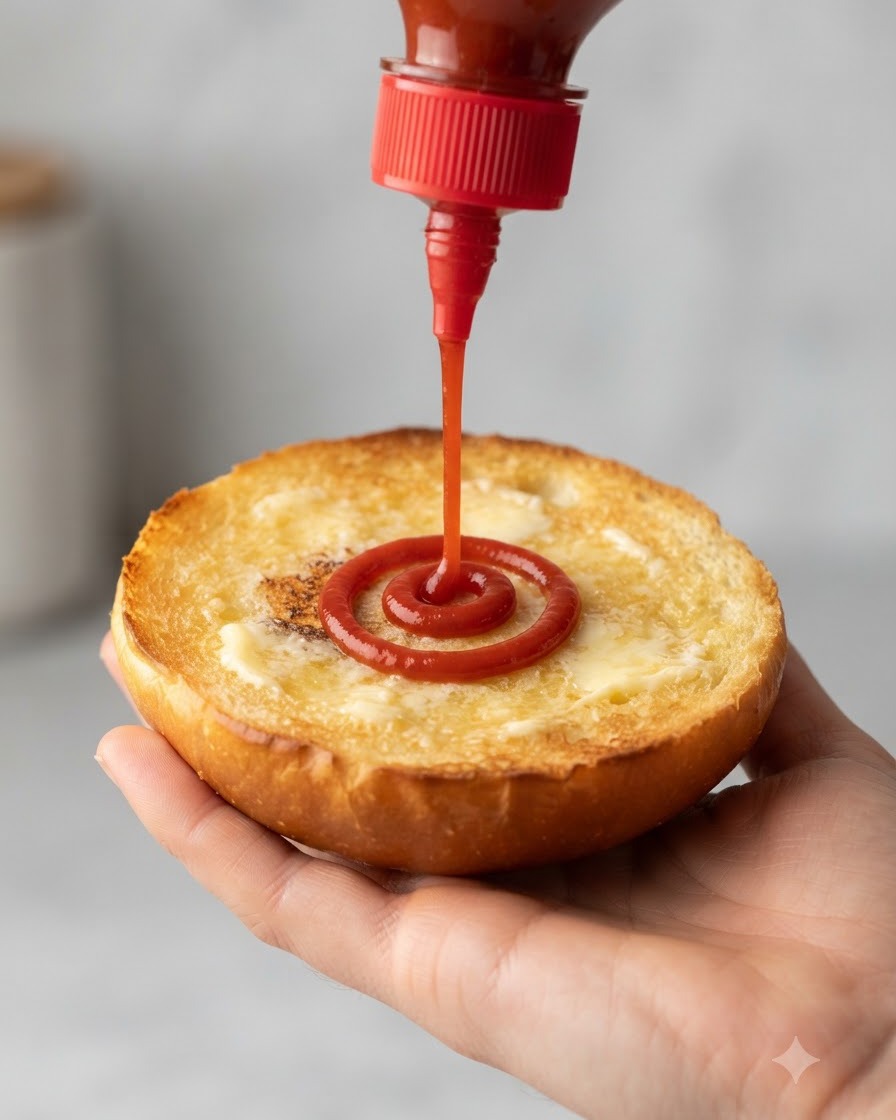 Czerwona plastikowa wyciskana butelka dozująca spiralę jasnoczerwonego ketchupu na podpieczoną, masłową powierzchnię bułki trzymanej w dłoni.