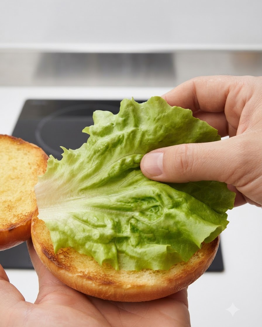 Dłoń układająca żywy, zielony, pomarszczony liść sałaty na przygotowanej dolnej połowie podpieczonej bułki burgerowej.