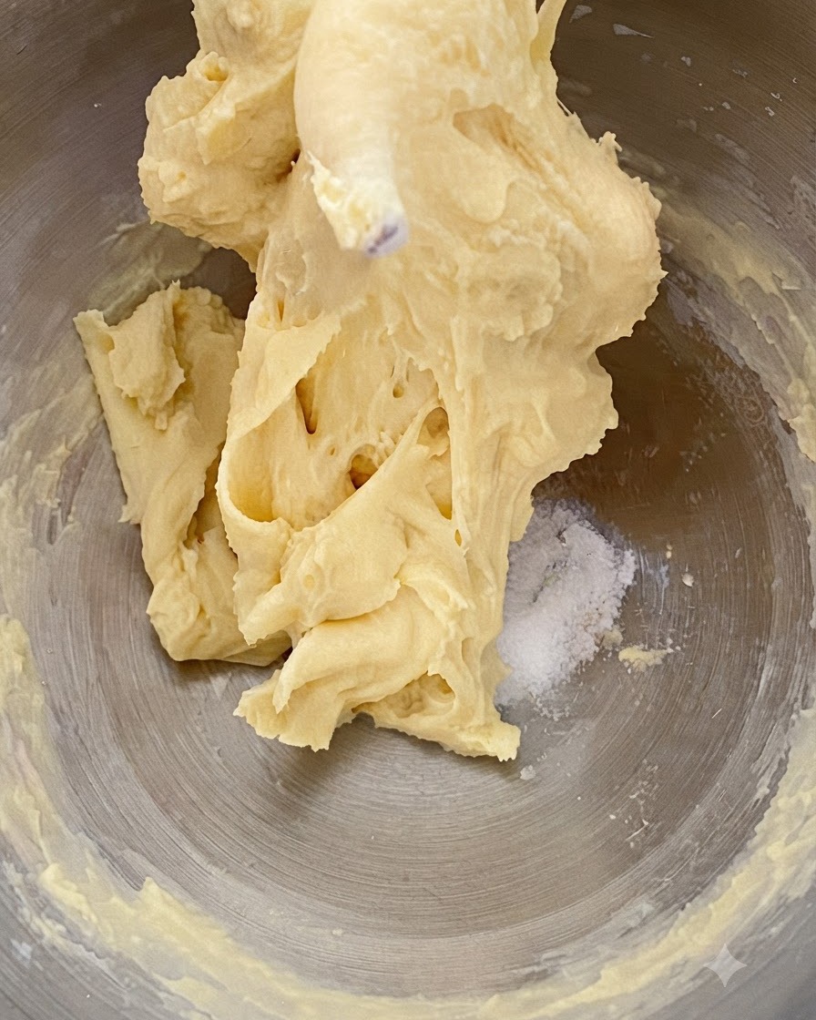 Masło i sól dodane do miski zawierającej wymieszane ciasto brioche.