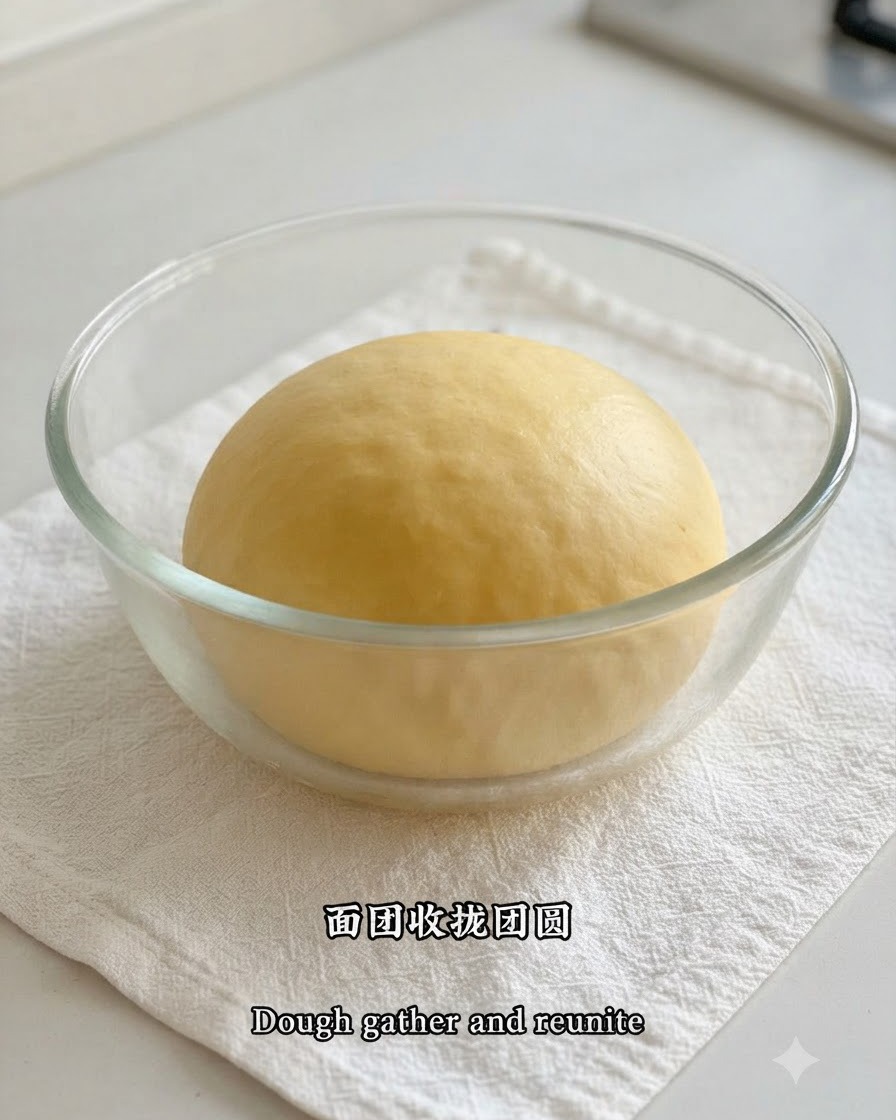 Gładka, zaokrąglona kula ciasta brioche spoczywająca w czystej szklanej misce na białej ściereczce.