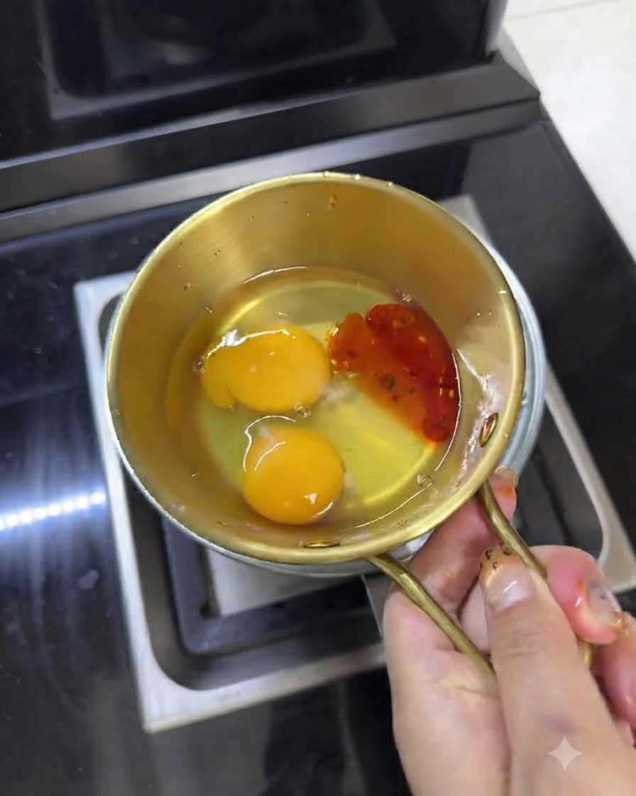 Pałeczki mieszające jajka z olejem chili w małej metalowej miseczce.