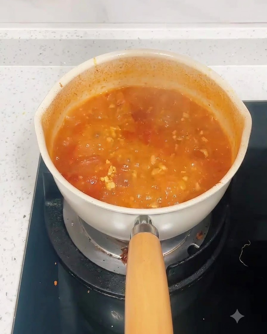 Suche nitki makaronu spaghetti zanurzone w garnku z gotującym się czerwonym sosem pomidorowo-mięsnym.