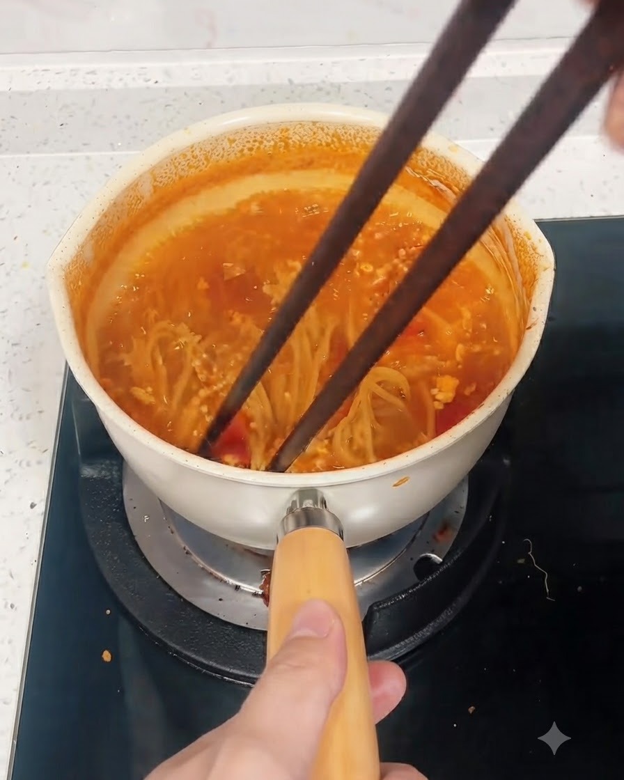 Para ciemnych pałeczek mieszająca makaron spaghetti w garnku z gotującym się czerwonym sosem.