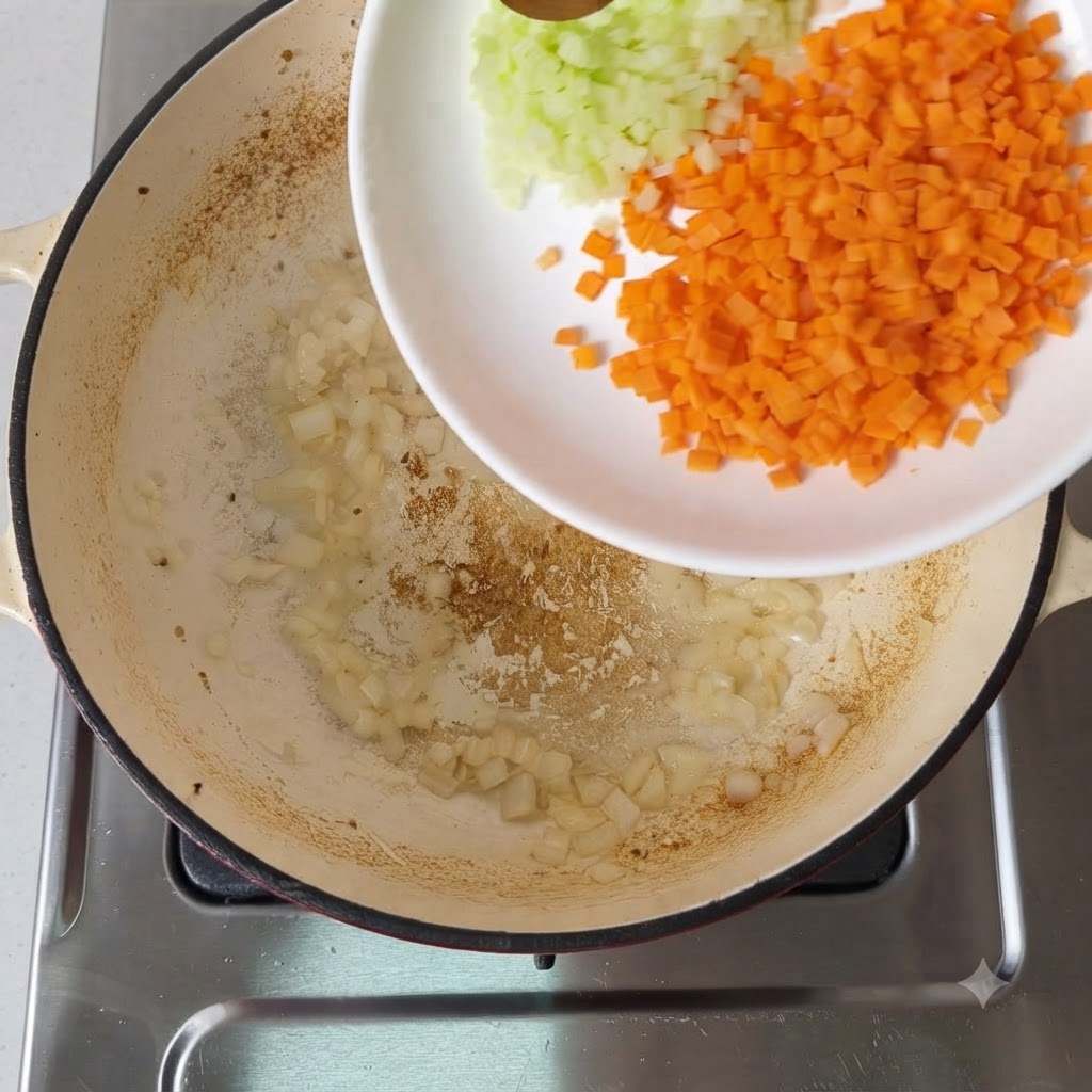 Pokrojona w kostkę marchew i seler wsypywane do patelni z cebulą.