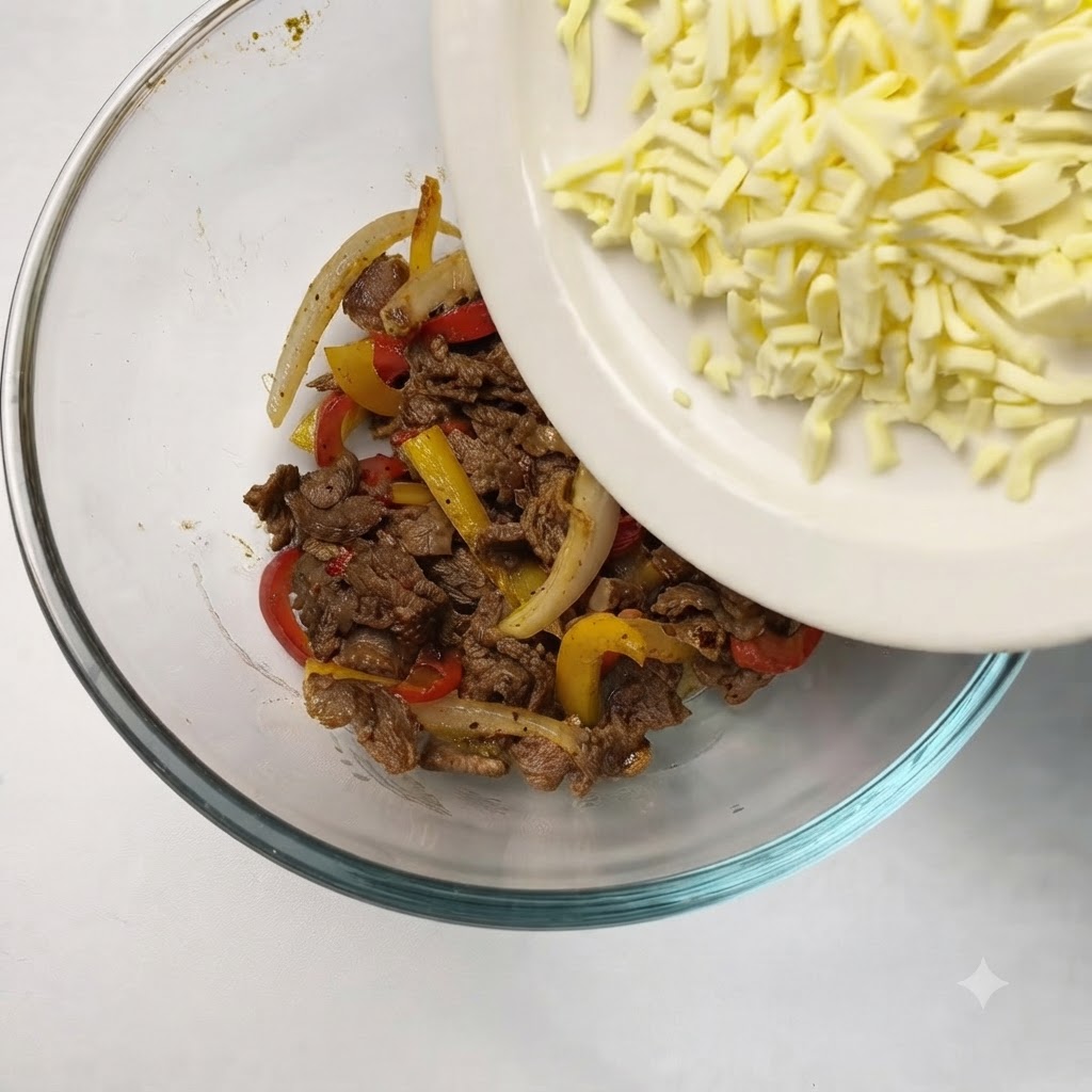 Starty ser mozzarella wsypywany z białego talerza do szklanej miski z ugotowanym mięsem i warzywami.