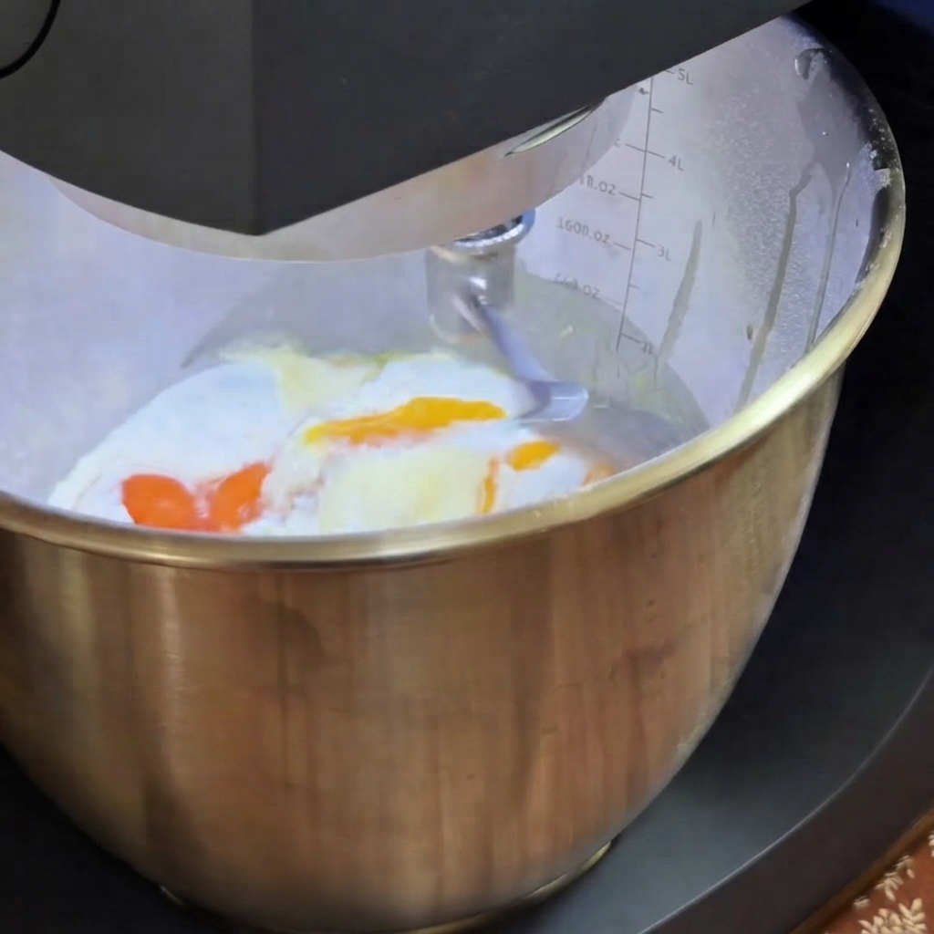 Robot kuchenny zagniatający składniki ciasta makaronowego w misce ze stali nierdzewnej.