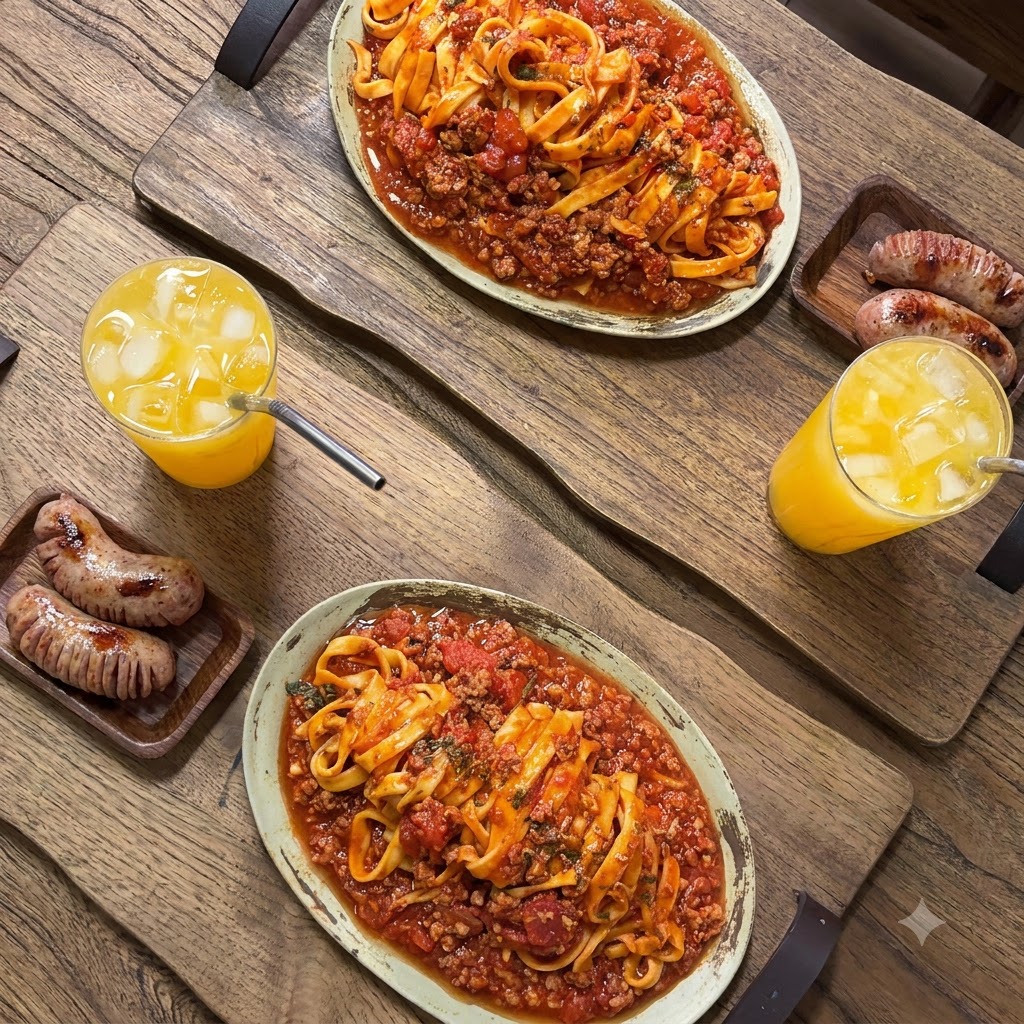 Świeże kluski fettuccine wytłaczane z przystawki do robienia makaronu na deskę.