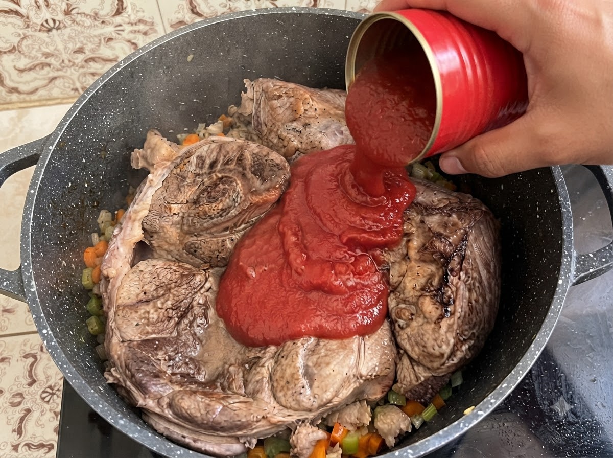 Puree pomidorowe nalewane z czerwonej puszki do dużego garnka zawierającego kawałki wołowiny i ugotowane warzywa.