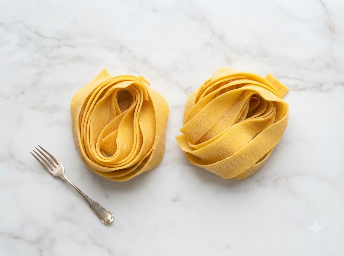 Świeży makaron tagliatelle formowany i zwijany w gniazda.