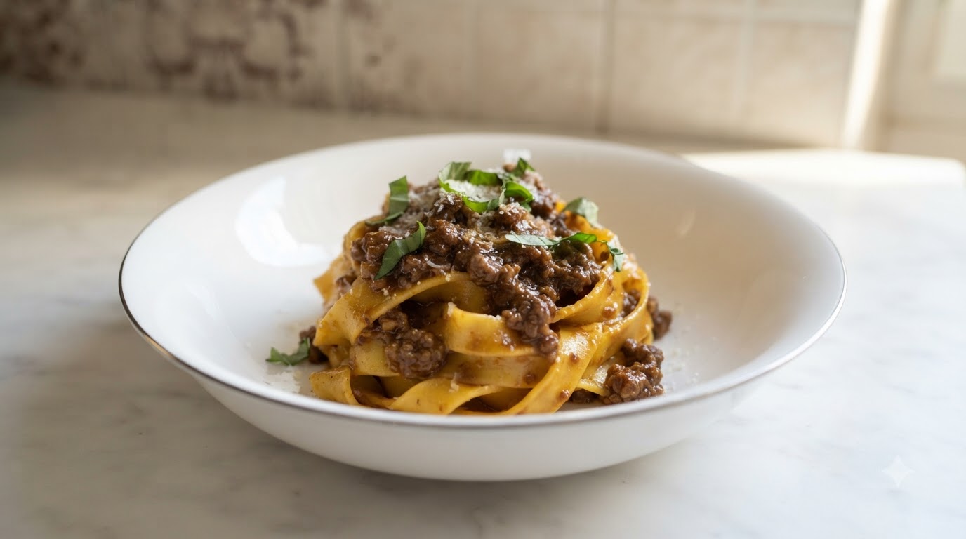 Ręcznie Robione Tagliatelle al Ragù z Polikami i Golonką Wołową