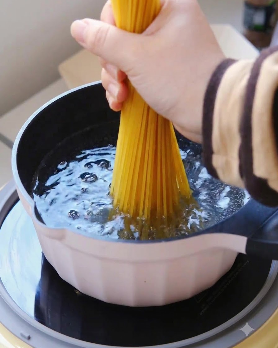 Pęczek suchego spaghetti wkładany pionowo do garnka z bąbelkującą, wrzącą wodą.