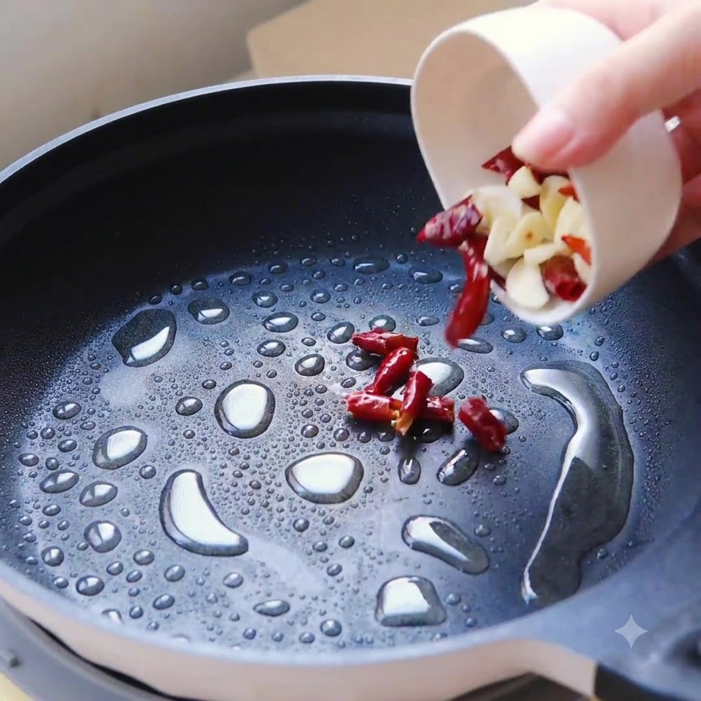 Plasterki czosnku i czerwona papryczka chilli skwierczące w gorącym oleju na patelni.