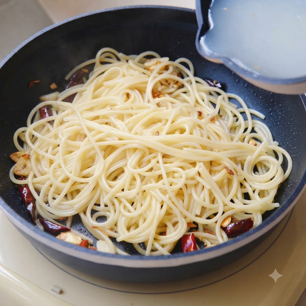 Woda z gotowania makaronu wlewana z małego garnka na patelnię z ugotowanym spaghetti.